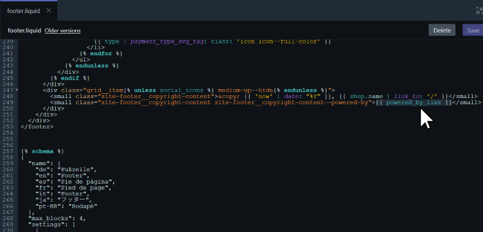 Shopify Code that Adds the Powered by Shopify Link
